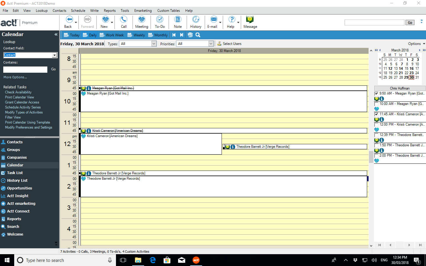 Daily Calendar View of Meetings including linked Text Message Reminders 